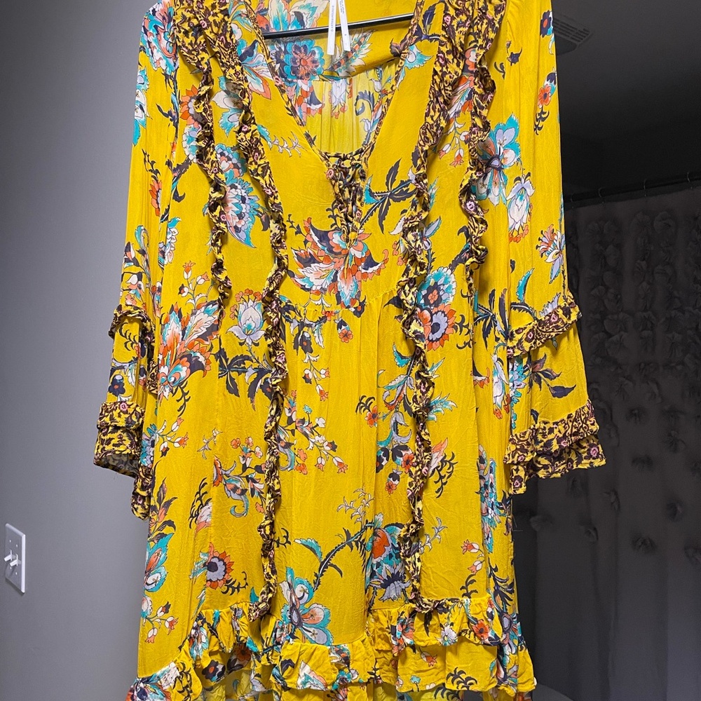 Anthropologie Mustard Floral Boho Ruffle Tunic Top Size S